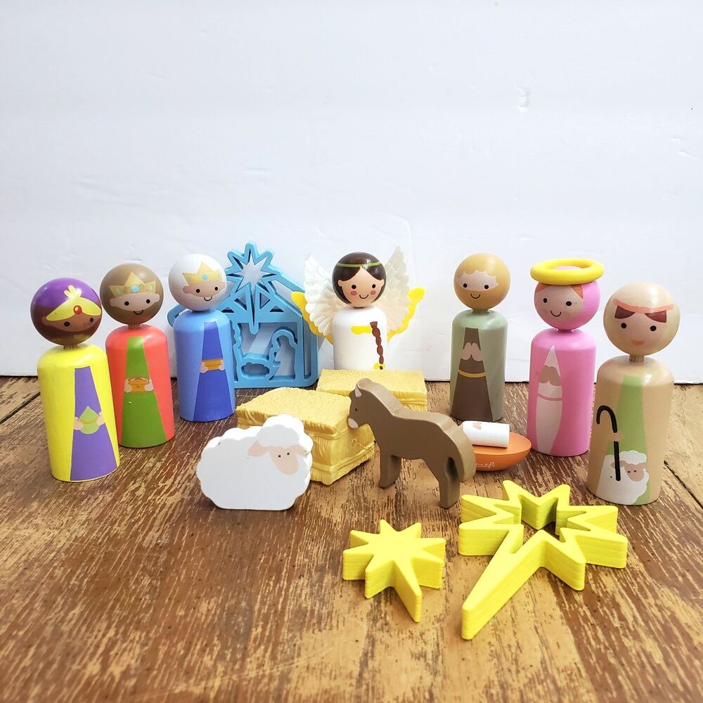 Wooden Peg Doll Nativity Set 16 Pc Childrens Christmas Toy Playset Wood Figures